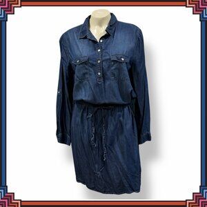 GLORIA VANDERBILT Chambray Denim Shirt Dress / Distressed Dark Blue - Size M
